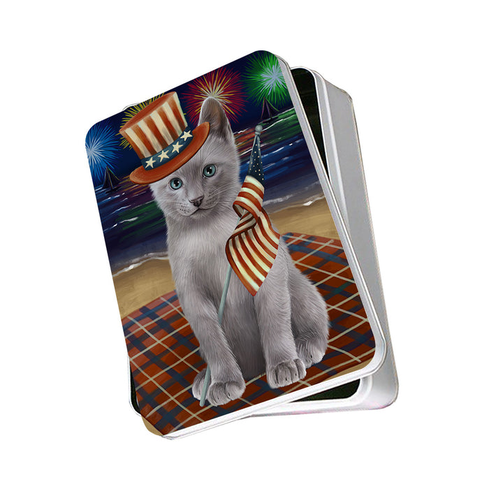 4th of July Independence Day Firework Russian Blue Cat Photo Storage Tin PITN52453