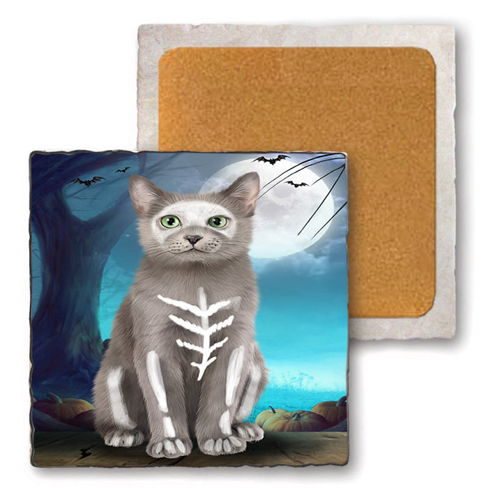 Happy Halloween Trick or Treat Russian Blue Cat Set of 4 Natural Stone Marble Tile Coasters MCST49526
