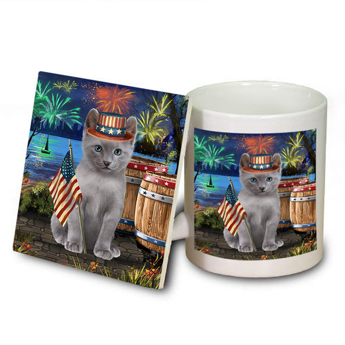 4th of July Independence Day Firework Russian Blue Cat Mug and Coaster Set MUC54062