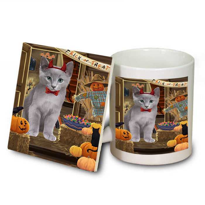 Enter at Own Risk Trick or Treat Halloween Russian Blue Cat Mug and Coaster Set MUC53244