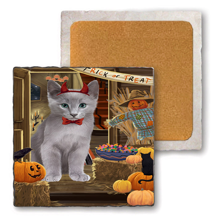 Enter at Own Risk Trick or Treat Halloween Russian Blue Cat Set of 4 Natural Stone Marble Tile Coasters MCST48252