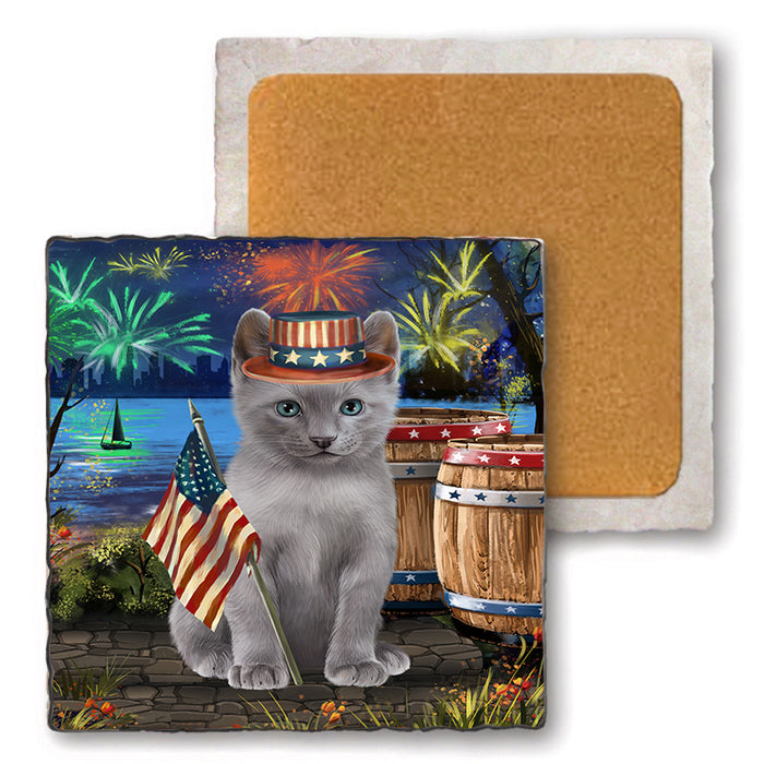 4th of July Independence Day Firework Russian Blue Cat Set of 4 Natural Stone Marble Tile Coasters MCST49070