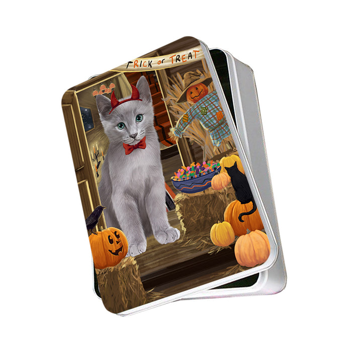 Enter at Own Risk Trick or Treat Halloween Russian Blue Cat Photo Storage Tin PITN53252
