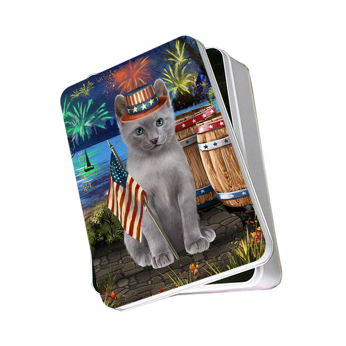 4th of July Independence Day Firework Russian Blue Cat Photo Storage Tin PITN54013