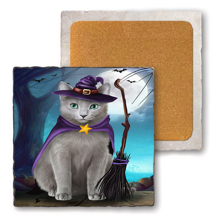 Happy Halloween Trick or Treat Russian Blue Cat Set of 4 Natural Stone Marble Tile Coasters MCST49527