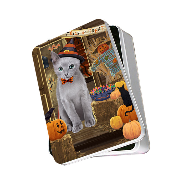 Enter at Own Risk Trick or Treat Halloween Russian Blue Cat Photo Storage Tin PITN53253