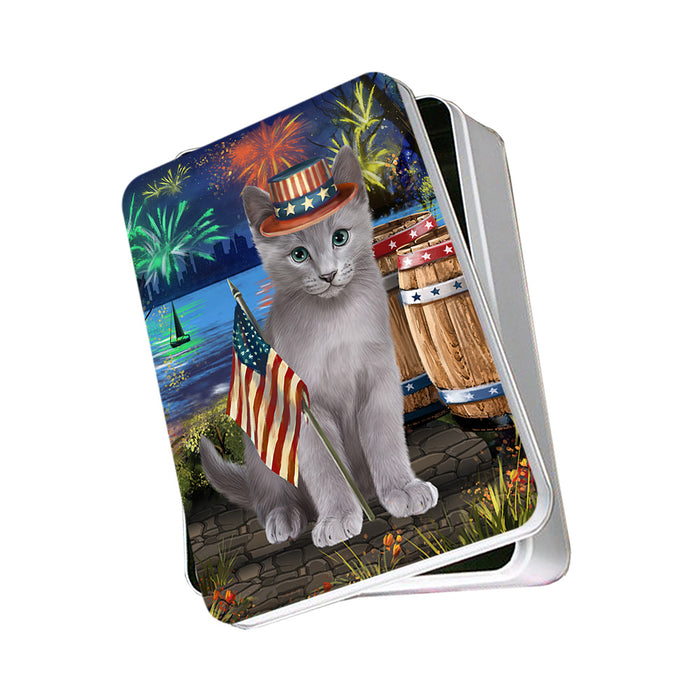 4th of July Independence Day Firework Russian Blue Cat Photo Storage Tin PITN54014