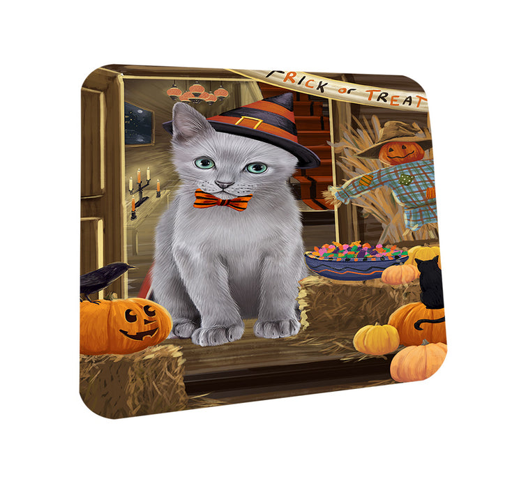Enter at Own Risk Trick or Treat Halloween Russian Blue Cat Coasters Set of 4 CST53211