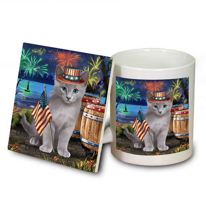 4th of July Independence Day Firework Russian Blue Cat Mug and Coaster Set MUC54063