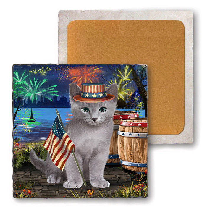 4th of July Independence Day Firework Russian Blue Cat Set of 4 Natural Stone Marble Tile Coasters MCST49071