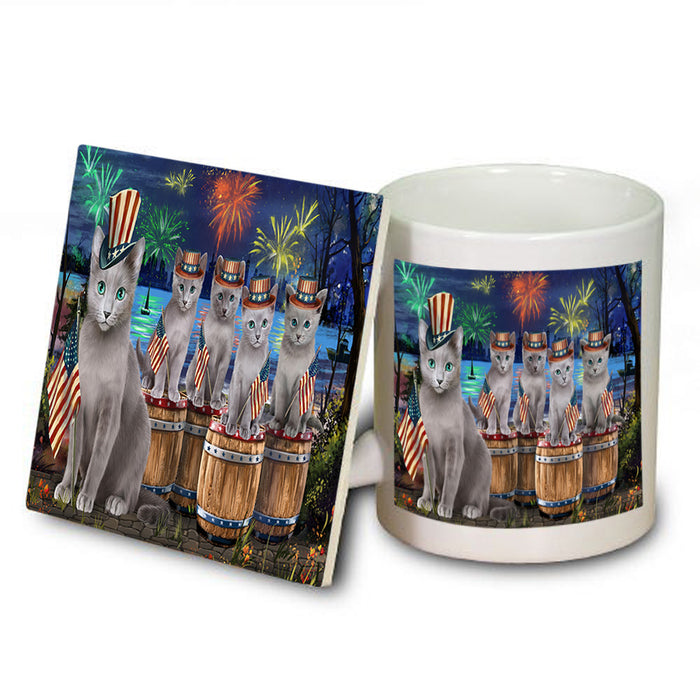 4th of July Independence Day Firework Russian Blue Cats Mug and Coaster Set MUC54106