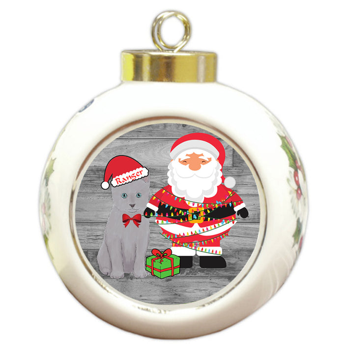 Custom Personalized Russian Blue Cat With Santa Wrapped in Light Christmas Round Ball Ornament