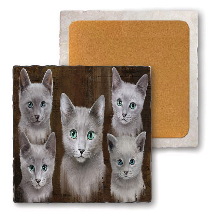 Rustic 5 Russian Blue Cat Set of 4 Natural Stone Marble Tile Coasters MCST49145
