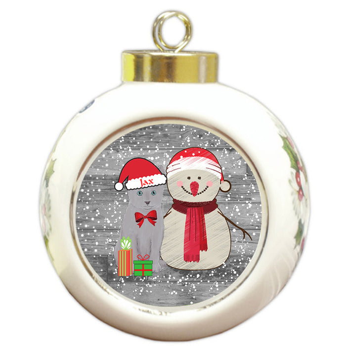 Custom Personalized Snowy Snowman and Russian Blue Cat Christmas Round Ball Ornament