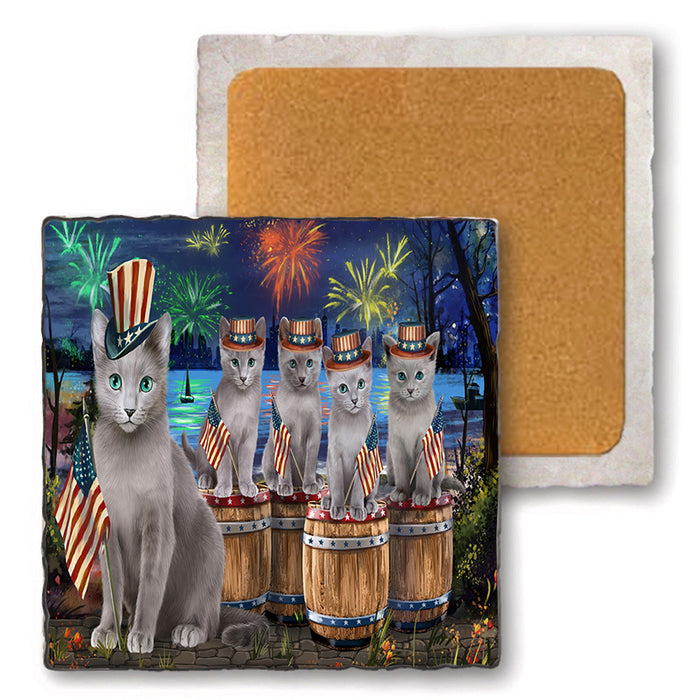 4th of July Independence Day Firework Russian Blue Cats Set of 4 Natural Stone Marble Tile Coasters MCST49114