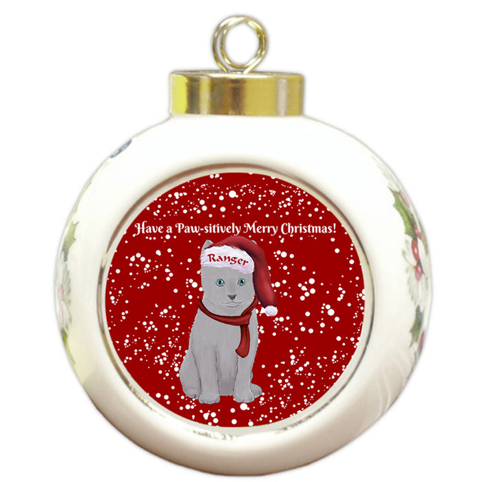 Custom Personalized Pawsitively Russian Blue Cat Merry Christmas Round Ball Ornament