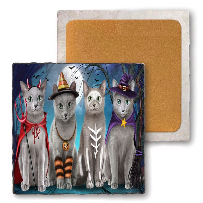 Happy Halloween Trick or Treat Russian Blue Cats Set of 4 Natural Stone Marble Tile Coasters MCST49485