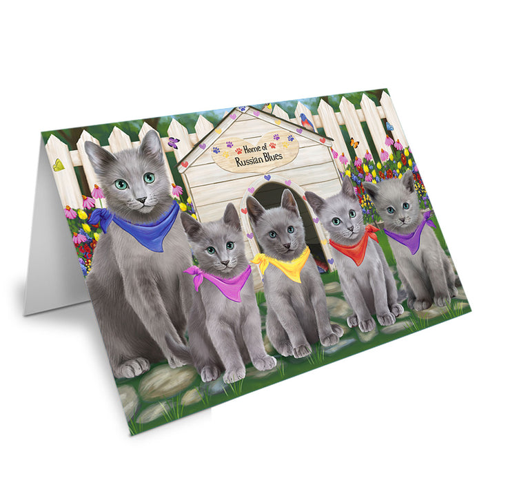 Spring Dog House Russian Blue Cats Handmade Artwork Assorted Pets Greeting Cards and Note Cards with Envelopes for All Occasions and Holiday Seasons GCD60665