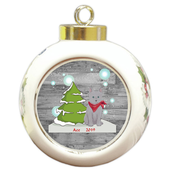 Custom Personalized Winter Scenic Tree and Presents Russian Blue Cat Christmas Round Ball Ornament
