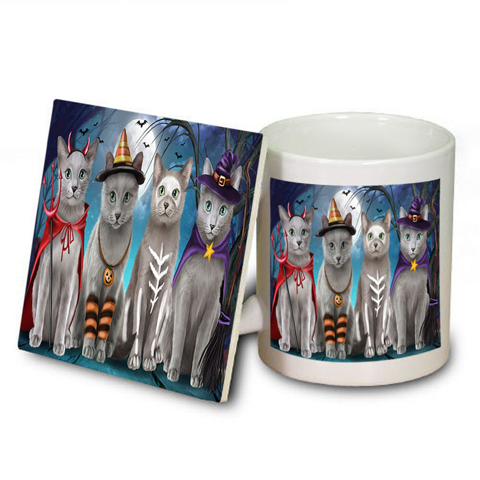 Happy Halloween Trick or Treat Russian Blue Cats Mug and Coaster Set MUC54477