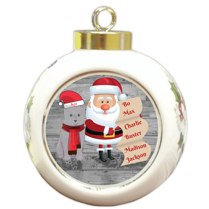 Custom Personalized Santa with Russian Blue Cat Christmas Round Ball Ornament