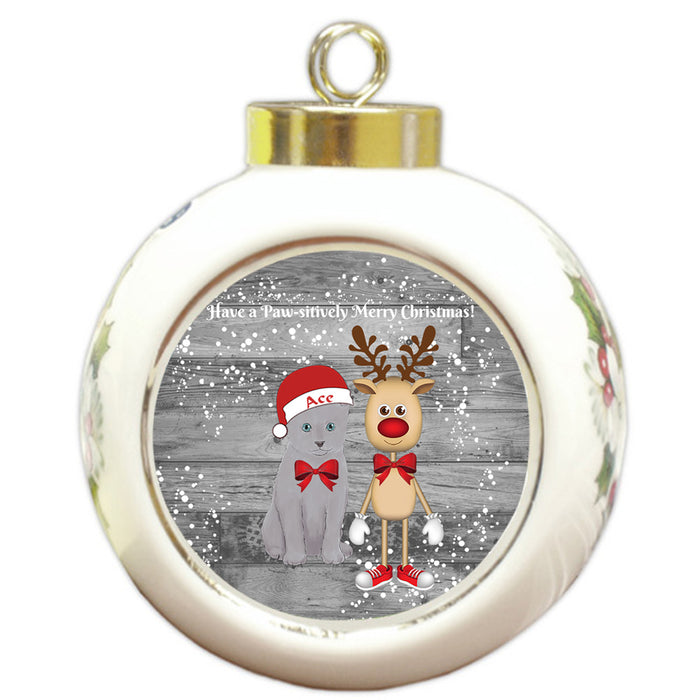 Custom Personalized Russian Blue Cat Reindeer and Pooch Christmas Round Ball Ornament