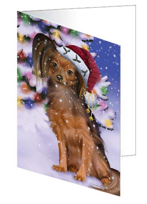 Winterland Wonderland Russian Toy Terrier Dog In Christmas Holiday Scenic Background Handmade Artwork Assorted Pets Greeting Cards and Note Cards with Envelopes for All Occasions and Holiday Seasons GCD71675