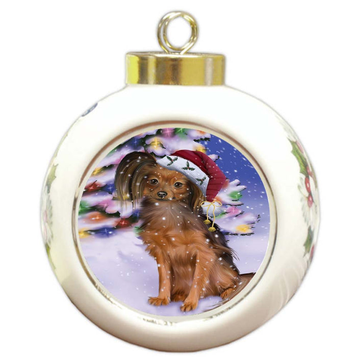 Winterland Wonderland Russian Toy Terrier Dog In Christmas Holiday Scenic Background Round Ball Christmas Ornament RBPOR56076