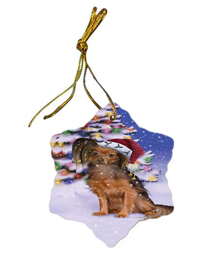 Winterland Wonderland Russian Toy Terrier Dog In Christmas Holiday Scenic Background Star Porcelain Ornament SPOR56076