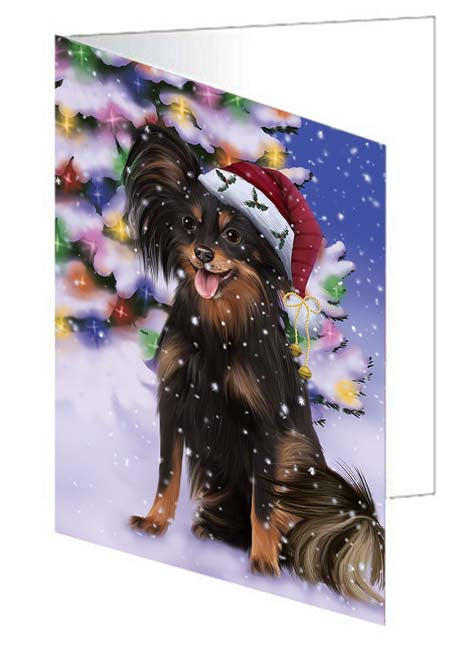 Winterland Wonderland Russian Toy Terrier Dog In Christmas Holiday Scenic Background Handmade Artwork Assorted Pets Greeting Cards and Note Cards with Envelopes for All Occasions and Holiday Seasons GCD71678