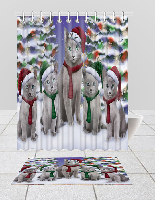 Russian Blue Cats Christmas Family Portrait in Holiday Scenic Background  Bath Mat and Shower Curtain Combo
