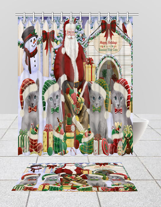 Happy Holidays Christmas Russian Blue Cats House Gathering Bath Mat and Shower Curtain Combo