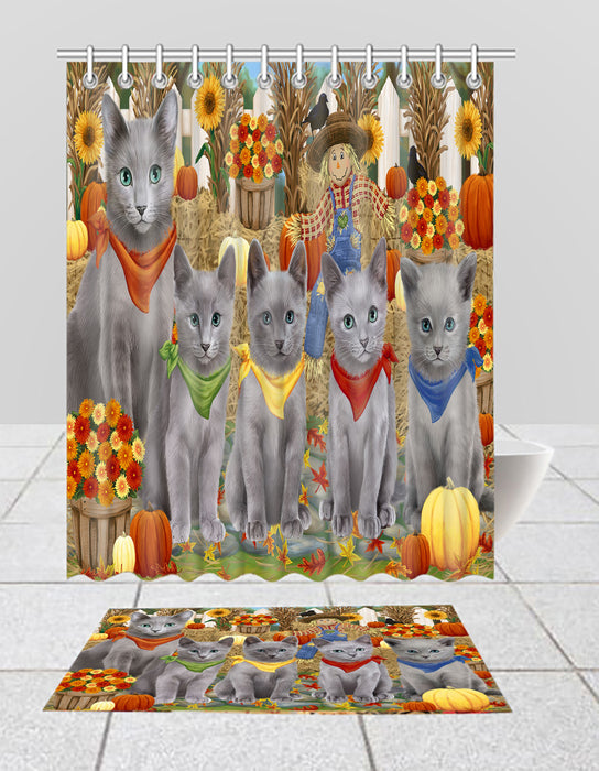 Fall Festive Harvest Time Gathering Russian Blue Cats Bath Mat and Shower Curtain Combo