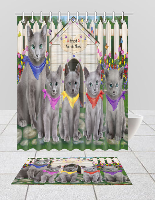 Spring Dog House Russian Blue Cats Bath Mat and Shower Curtain Combo