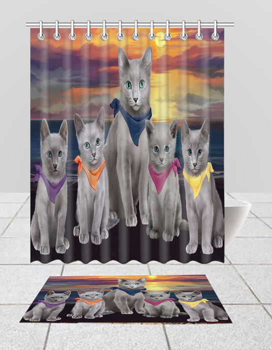 Family Sunset Portrait Russian Blue Cats Bath Mat and Shower Curtain Combo