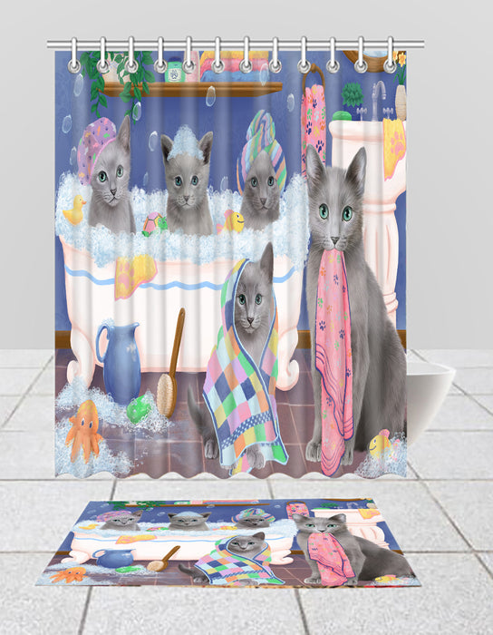 Rub A Dub Dogs In A Tub Russian Blue Cats Bath Mat and Shower Curtain Combo