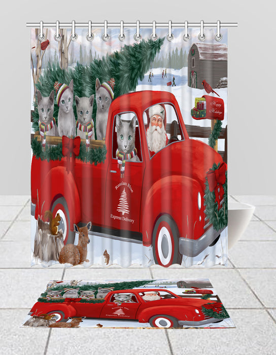 Christmas Santa Express Delivery Red Truck Russian Blue Cats Bath Mat and Shower Curtain Combo