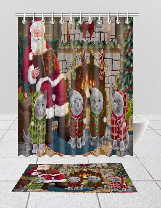 Christmas Cozy Holiday Fire Tails Russian Blue Cats Bath Mat and Shower Curtain Combo