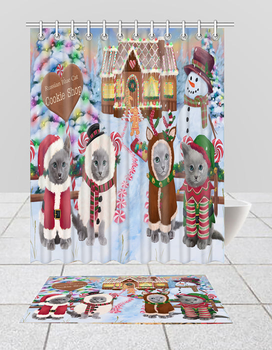Holiday Gingerbread Cookie Russian Blue Cats  Bath Mat and Shower Curtain Combo