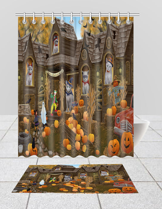 Haunted House Halloween Trick or Treat Russian Blue Cats  Bath Mat and Shower Curtain Combo