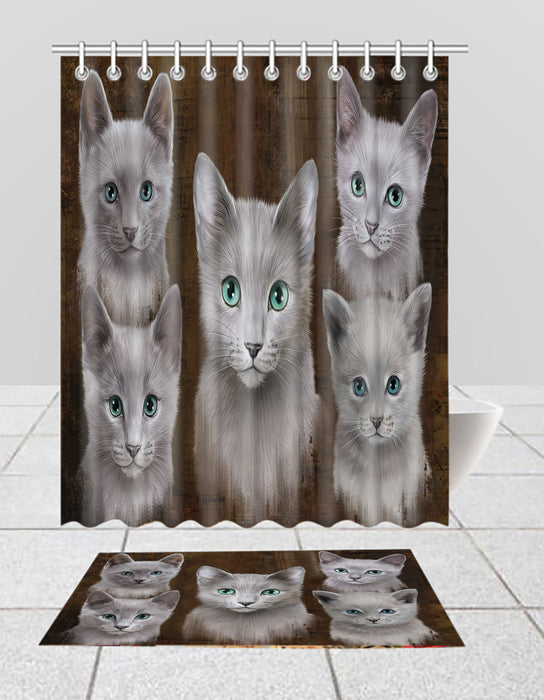 Rustic Russian Blue Cats Bath Mat and Shower Curtain Combo