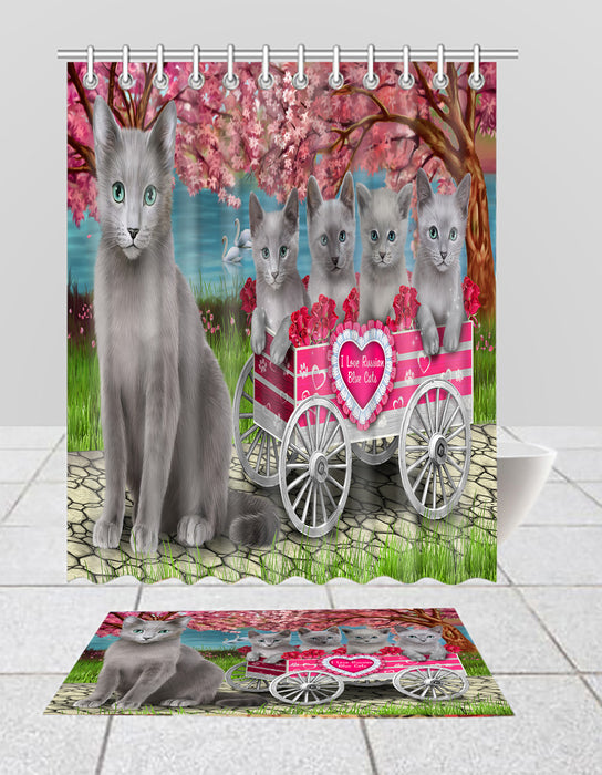 I Love Russian Blue Cats in a Cart Bath Mat and Shower Curtain Combo