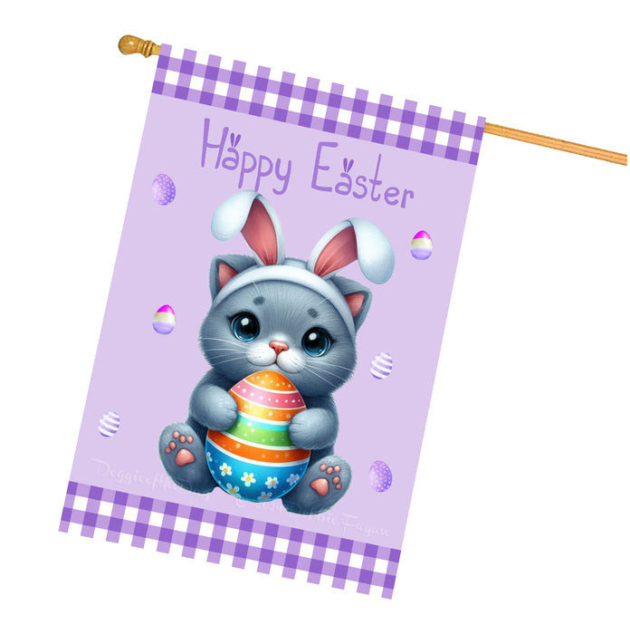 Russian Blue Cat Easter Day House Flags with Multi Design - Double Sided Easter Festival Gift for Home Decoration  - Holiday Cats Flag Decor 28" x 40"
