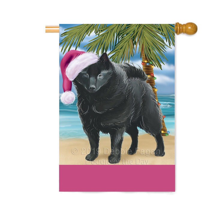 Personalized Summertime Happy Holidays Christmas Schipperke Dog on Tropical Island Beach Custom House Flag FLG-DOTD-A60583