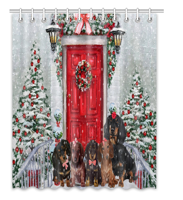 Christmas Holiday Welcome Red Door Dachshund Dog Shower Curtain