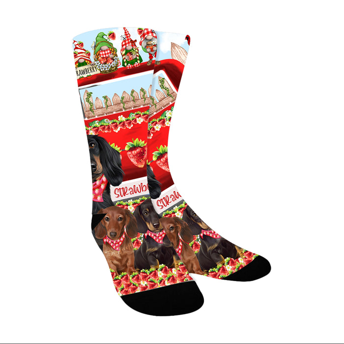 Strawberry Patch with Gnomes Dachshund Dogs Socks for Men's Kids Women's