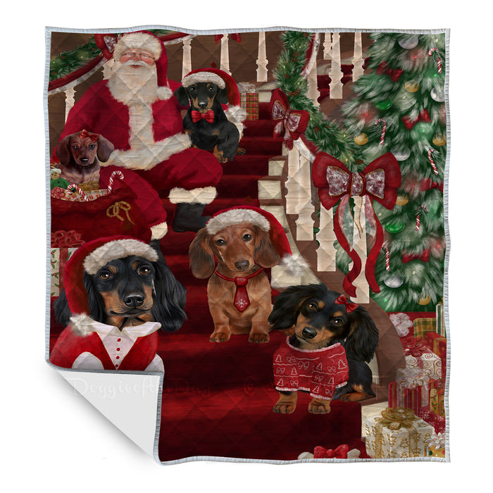 Christmas Santa Dachshund Dogs Quilt Bed Coverlet Bedspread - Pets Comforter Unique One-side Animal Printing - Soft Lightweight Durable Washable Polyester Quilt