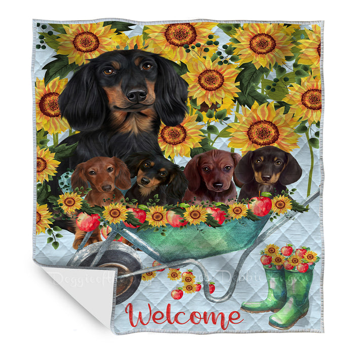 Spring Sunflower Dachshund Dogs Quilt Bed Coverlet Bedspread - Pets Comforter Unique One-side Animal Printing - Soft Lightweight Durable Washable Polyester Quilt