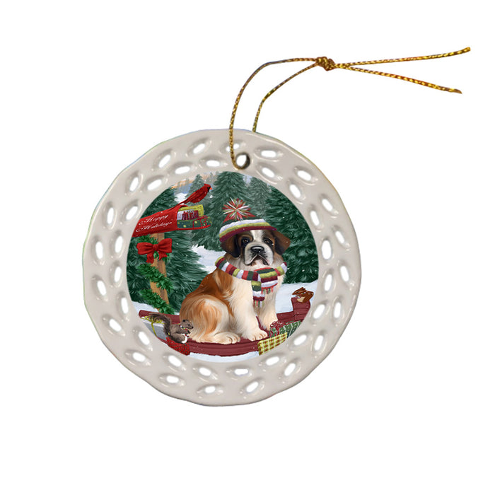 Merry Christmas Woodland Sled Saint Bernard Dog Ceramic Doily Ornament DPOR55372