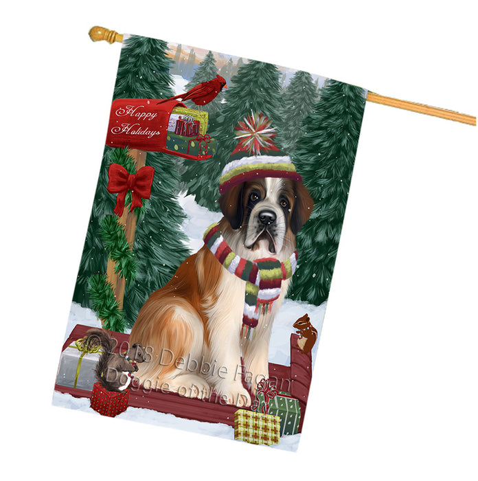 Merry Christmas Woodland Sled Saint Bernard Dog House Flag FLG55445